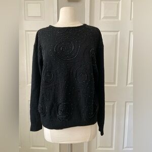 VTG Dana Scott Sweater Womens Large Black Iridescent Beaded Swirl Silk Wool Knit
